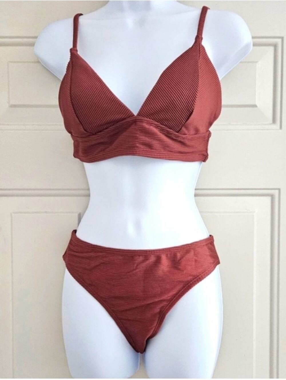 Cupshe Rust Red Ribbed Triangle Bikini Set - Picture 1 of 5